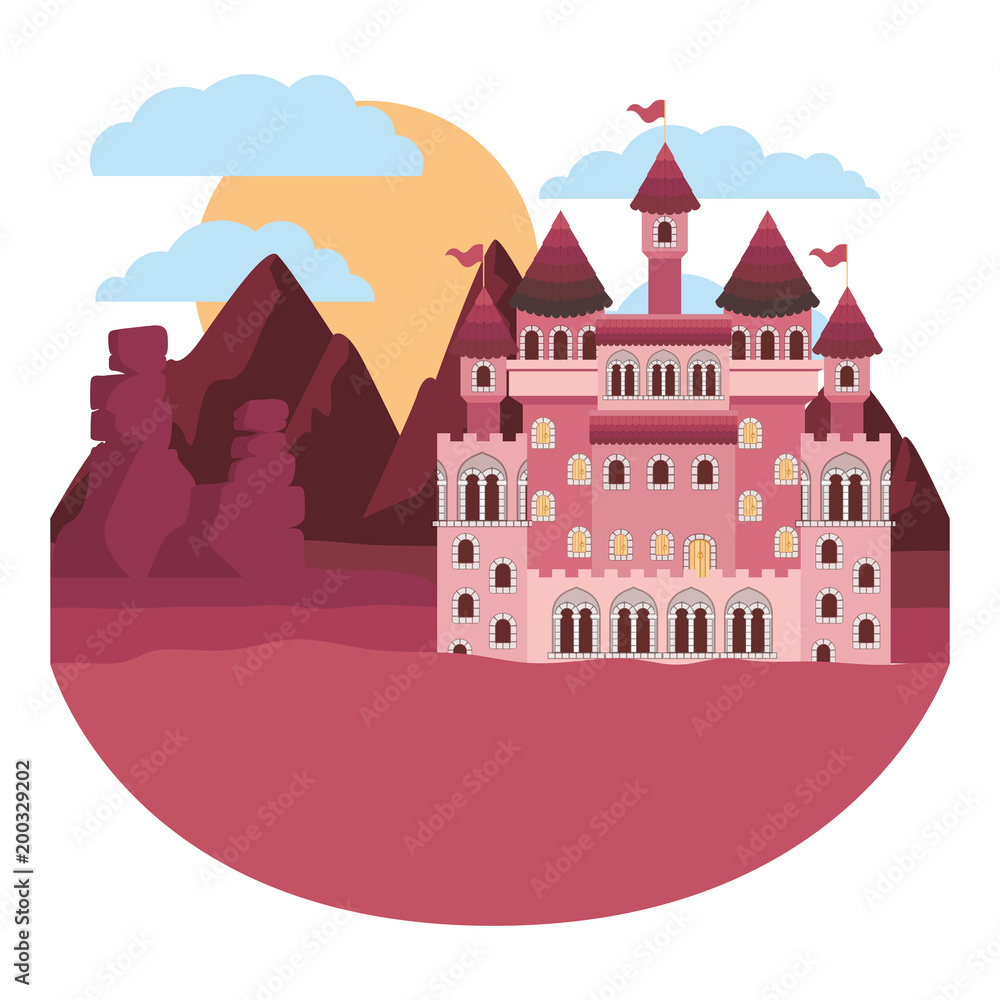 medieval castle in the camp sunset scene