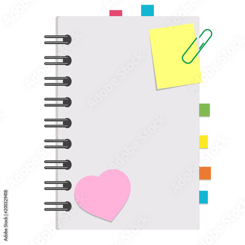 Open notepad with clean sheets on a spiral with bookmarks between the pages. Colorful flat vector illustration isolated on white background. With space for text or image.