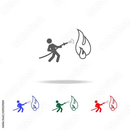 Fireman holding hose extinguishing fire with water icon. Elements of firefighter multi colored icons. Premium quality graphic design icon. Simple icon for websites, web design