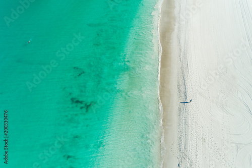 aerial views of summer beach scene with coastline turquoise waters and white sandy beach