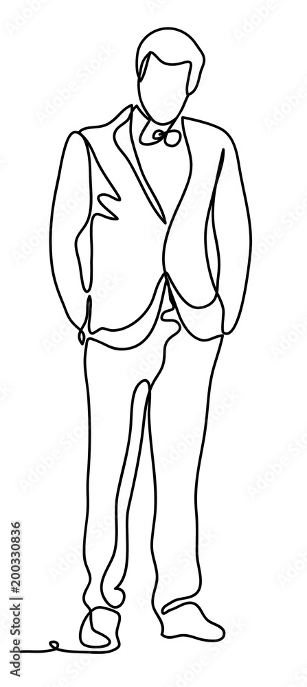 Smartly dressed businessman. Vector illustration. Isolated on white background. Continuous line drawing. Vector monochrome, drawing by lines. Smartly dressed businessman. Vector illustration. Isolated on white background. Continuous line drawing. Vector monochrome, drawing by lines.