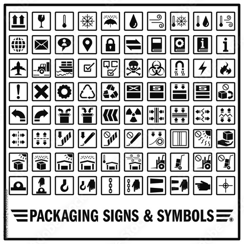 Set of packaging signs and symbols use for warning and giving information for safely cargo hadling. Cargo and goods indicating labels.