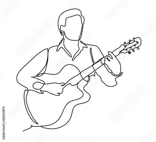 The guy playing the guitar. Vector illustration. Isolated on white background. Continuous line drawing. Vector monochrome, drawing by lines.