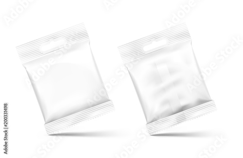 Food snack pillow bags on white background. From and back view. Vector illustration. Can be use for template your design, presentation, promo. EPS10.