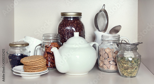 Sugar, tea , cookies and coffee beans