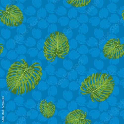 monstera leaf vector seamless pattern with blue tone background