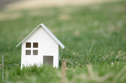 Paper cut of house on nature background with copy space