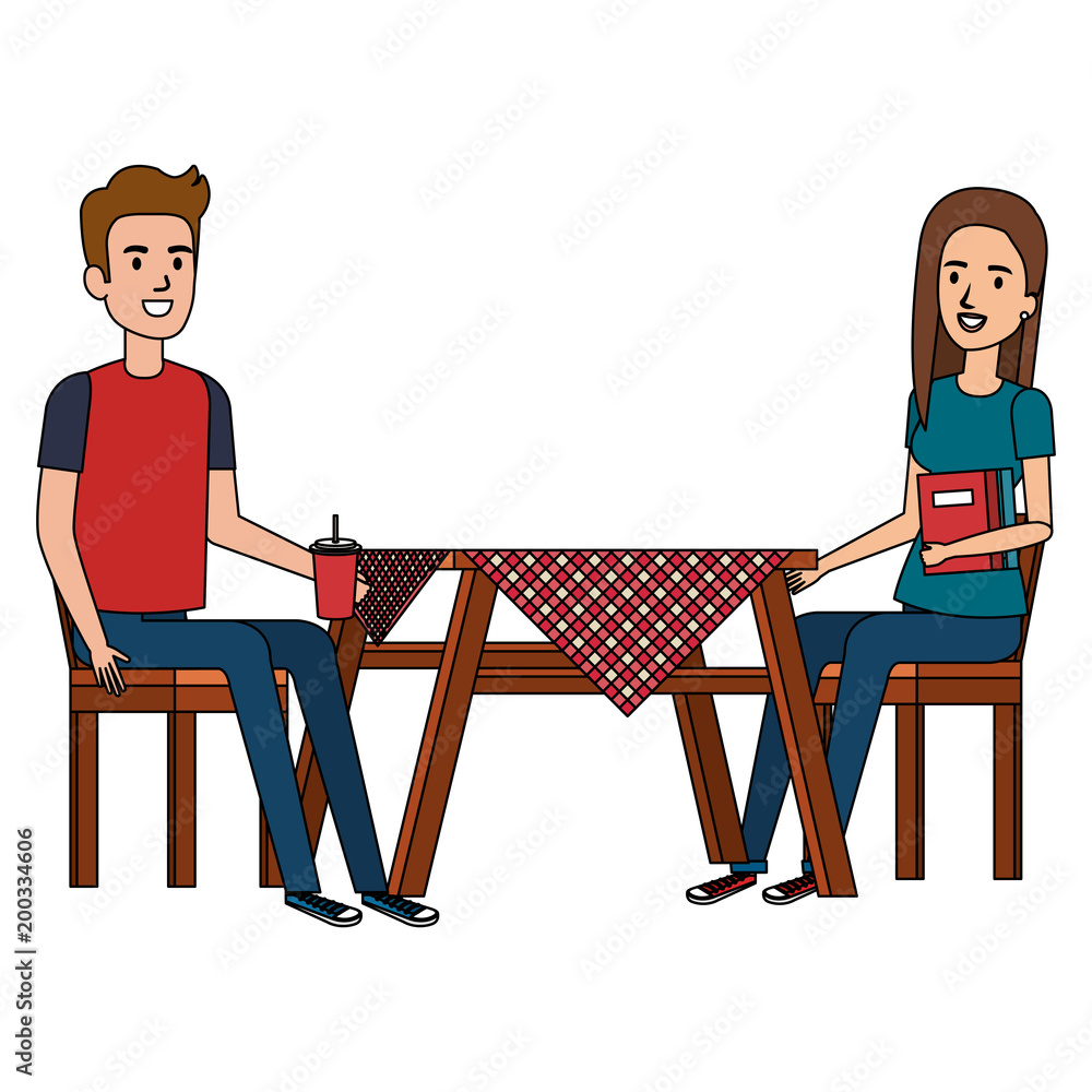 Fototapeta premium picnic table with couple characters vector illustration design
