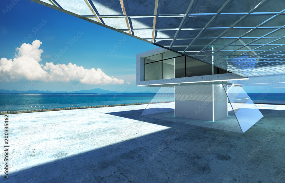 Obraz premium Closeup and perspective view of empty cement floor with modern steel and glass building exterior . 3D rendering and real images mixed media .