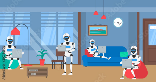 robots humanoid working with laplop in office