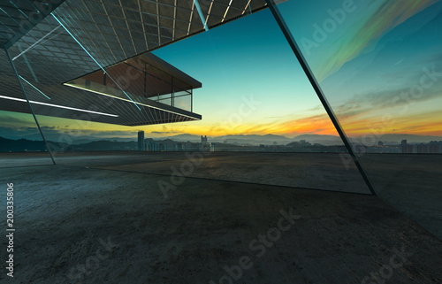 Perspective view of empty cement floor with steel and glass facade modern building exterior . 3D rendering and real images mixed media .