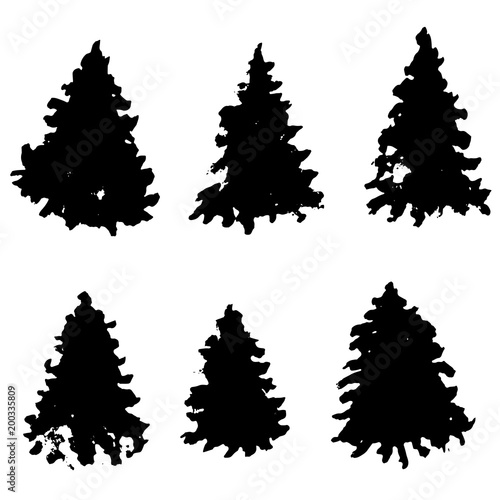 Set of fir tree silhouettes. Black grunge Christmas trees. Watercolor spruces isolated on white background. Vector illustration.