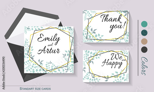 wedding invitation card greenery brown gold geometry