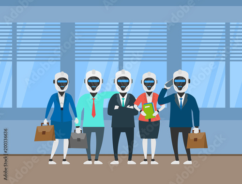 robots humanoid business team in office