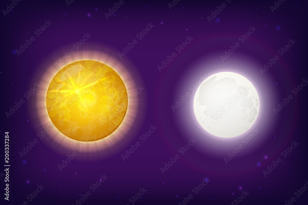 Sun and Moon Planets on Background with Stars