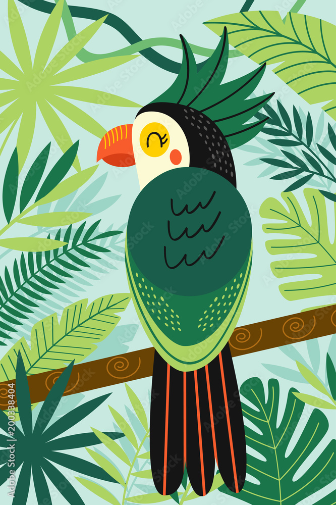 Fototapeta premium parrot on branch among tropical plants- vector illustration, eps