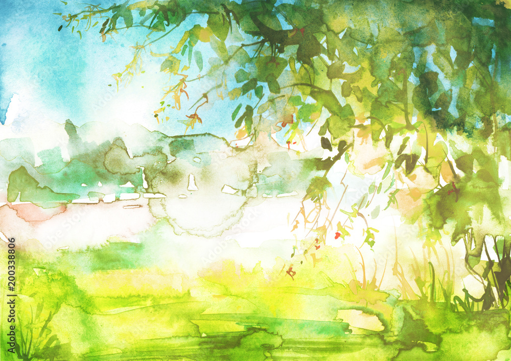 Obraz Akwarela letni krajobraz. Zielony drzewo na trawie, pole, niebo. Letnie drzewo na tle abstrakcyjnych zielonych plam, odrobina farby. Logo, pocztówka, element projektu.
