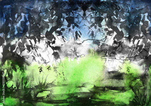Fototapeta Naklejka Na Ścianę i Meble -  Watercolor landscape. Black silhouette of trees, branches. Nature, landscape, forest, trees, grass, field, in the summer season. Illustration.