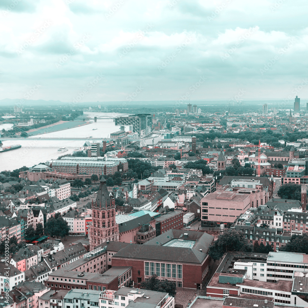Aerial view of Cologne from the viewpoint of Cologne Cathedral. Panorama of the city. Germany