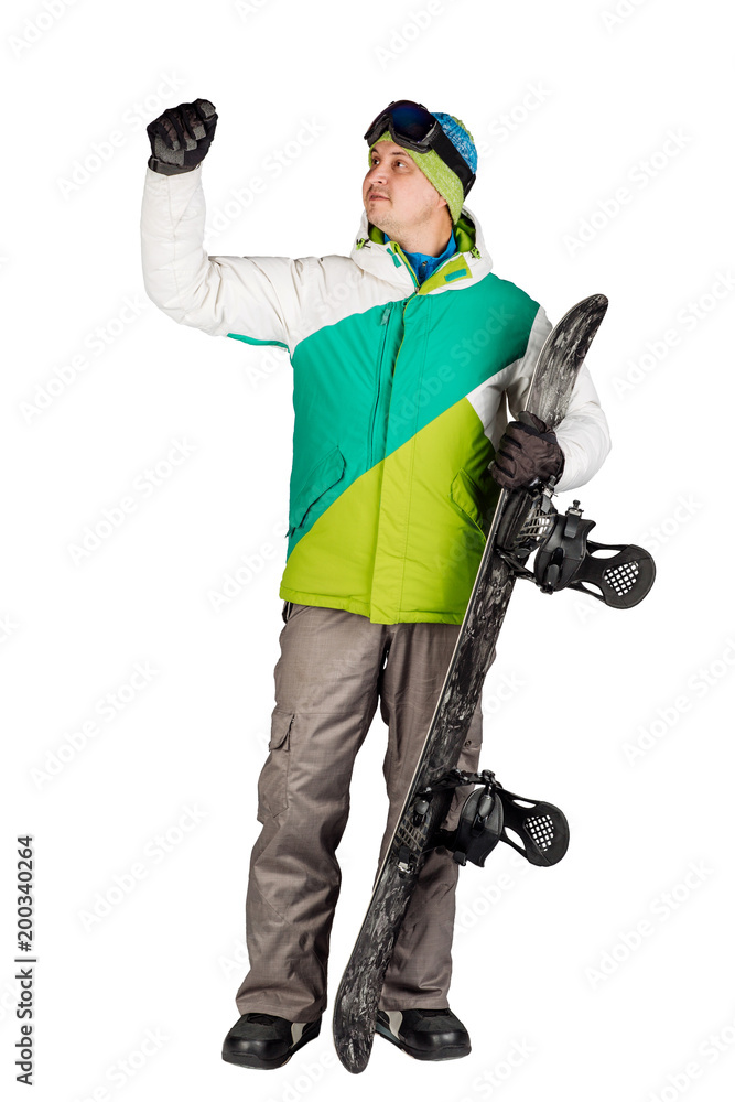 Full length portrait of young man in sportswear with snowboard isolated on a white background. Sport and people concept. Full length portrait of young man in sportswear with snowboard isolated on a white background. Sport and people concept.