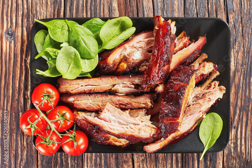 close-up of delicious sliced BBQ ribs