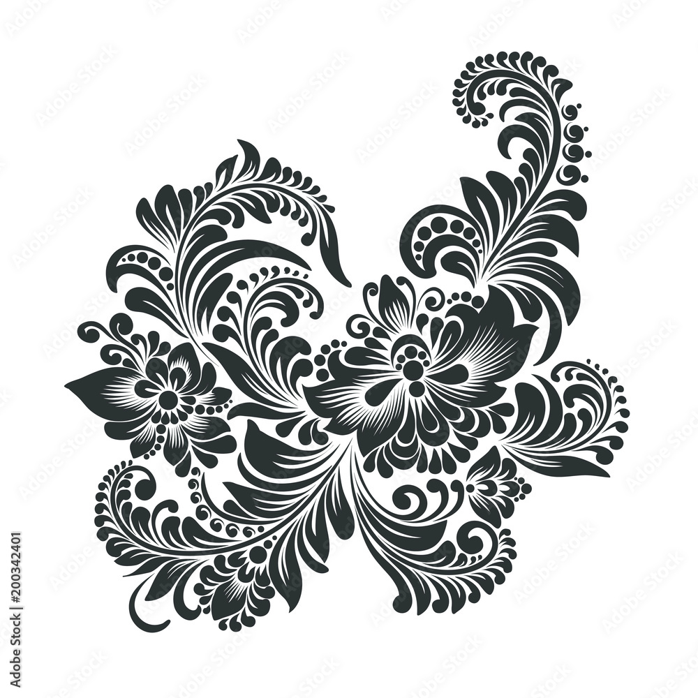 black and white floral ornament in folk style black and white floral ornament in folk style
