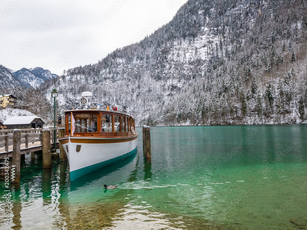landscape blue green lake moutain Passenger boat on the Koenigssee near Berchtesgaden, Bavaria, Germany