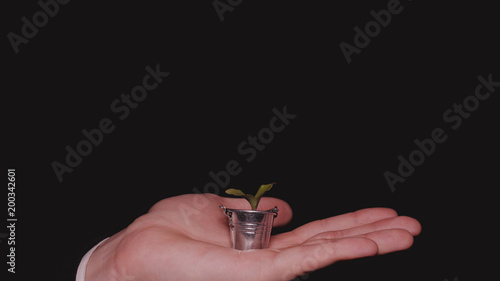 In his hand a sprout in a mini bucket, career growth, a new life, a black background.