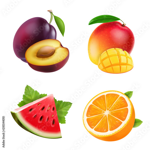Fruits orange, plum, watermelon and mango set vector illustrations
