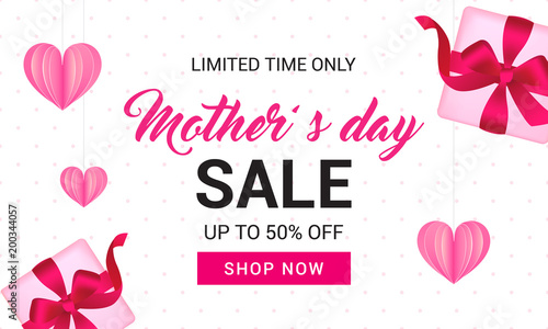 Mother's Day Sale Banner vector illustration. Gift box and heart paper on polka dot pattern background.