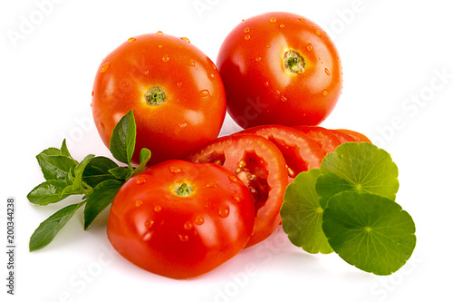 Tomatos slides with herbs isolated on white background, top view