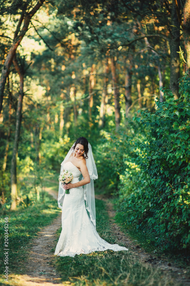 Beautiful bride outdoors in a forest Beautiful bride outdoors in a forest