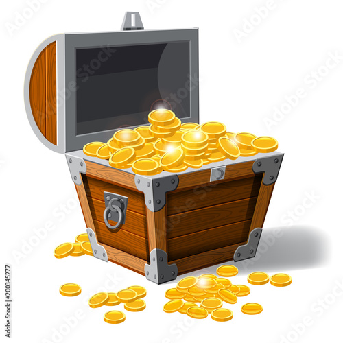 Piratic trunk chests with gold coins treasures. . Vector illustration. Catyoon style, isolated