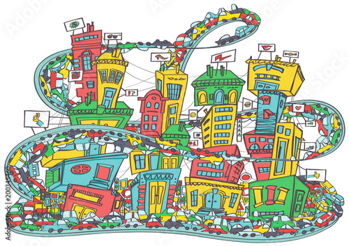 Colorful cartoon style illustration of heavy traffic on a city street, isolated with white background