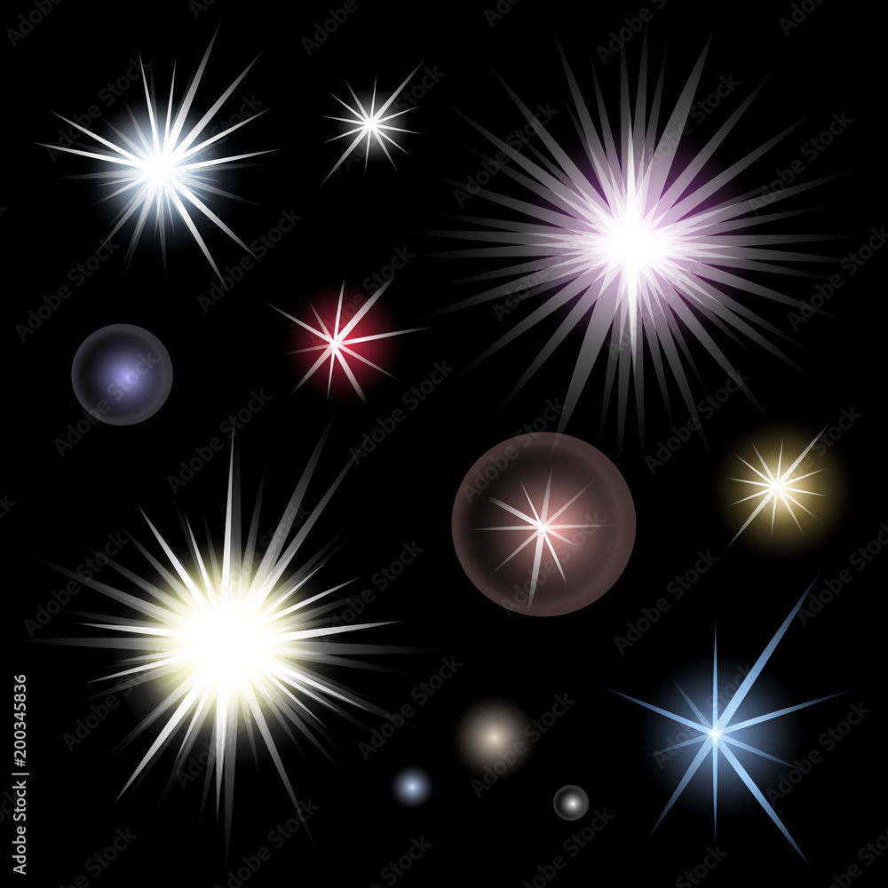 Set of bright glowing colorful stars burst on black background. Glitter suns effect decoration with ray sparkles for your design. Abstract night sky objects. Vector illustration Set of bright glowing colorful stars burst on black background. Glitter suns effect decoration with ray sparkles for your design. Abstract night sky objects. Vector illustration