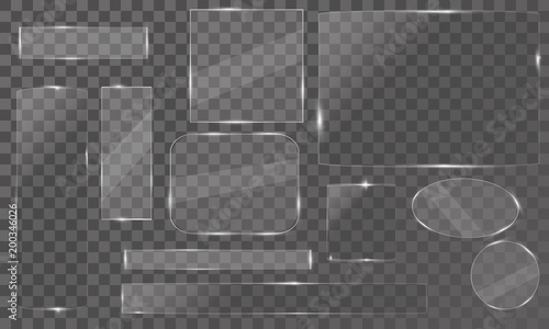 Glass plates set. Vector glass banners on transparent background. Glass mirror, transparent.