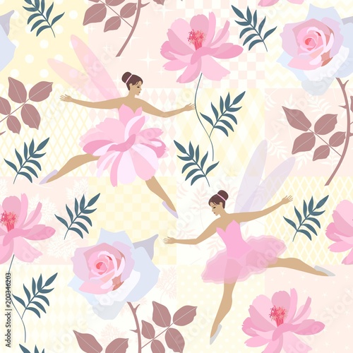 Seamless print for fabric, paper, wallpaper with cute fairies, pink roses and...