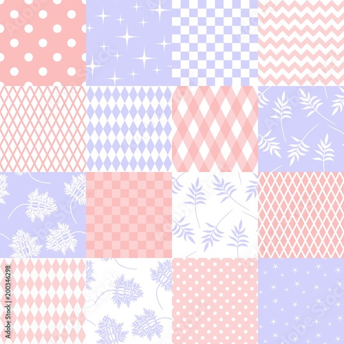 Set of different seamless textures in tender colors for fabric, quilt, paper, wallpaper, wrapping design. Patchwork pattern.