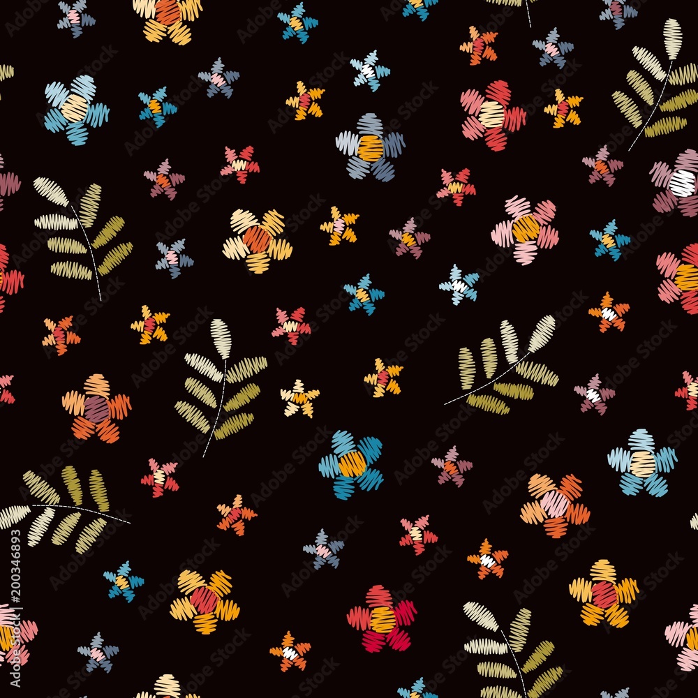 Embroidery seamless pattern with small flowers and leaves on black background. Stylish design for fabric, textile, wrapping paper, print, cards. Vector illustration. Embroidery seamless pattern with small flowers and leaves on black background. Stylish design for fabric, textile, wrapping paper, print, cards. Vector illustration.