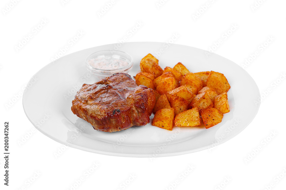 Steak from chicken, pork, grilled meat, barbecue with side dish, potato on a plate isolated white background. Tartar, sour cream, mayonnaise, white sauce. Juicy fillet, roast. For the menu Side view