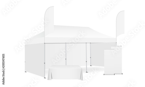 Pop up canopy tent with two flags, demonstration table and roll-up banners. Equipment for business or organization stands during the outdoor events. Vector illustration