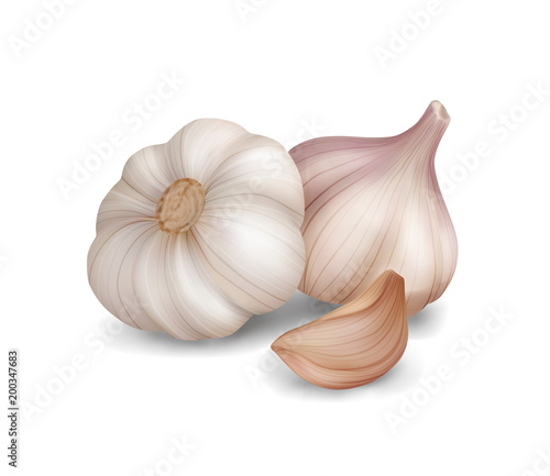 Photo realistic garlic isolated on white background. Vector illustration. 3d game icon