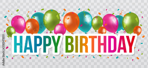 Happy Birthday Greetings with lettering Design and Balloons. Transparent Background.