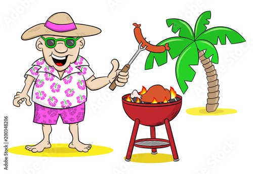 Mann, der im Sommer am Strand grillt
