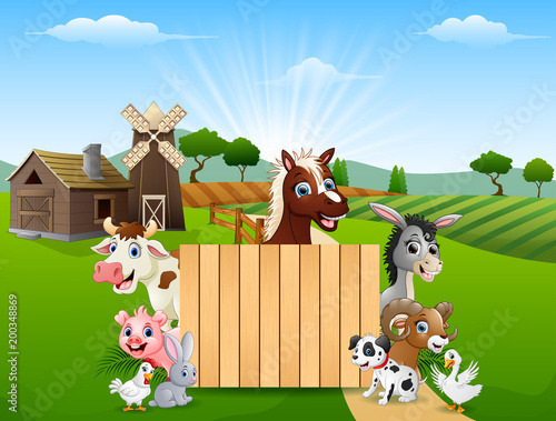Blank sign and happy farm animals 