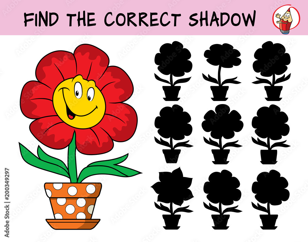 Vetor de Funny smiling flower in a flowerpot. Find the correct shadow