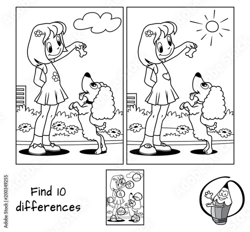 Little girl playing with a dog. Find 10 differences. Educational game for children. Black and white cartoon vector illustration