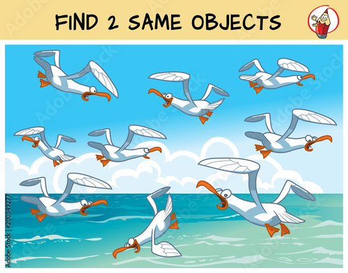 Find two the same seagulls in the picture. Educational matching game for children. Cartoon vector illustration