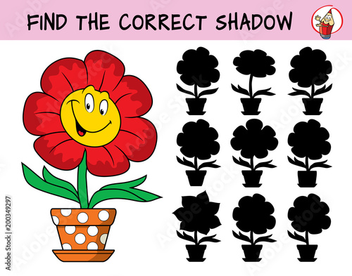 Funny smiling flower in a flowerpot. Find the correct shadow. Educational matching game for children. Cartoon vector illustration
