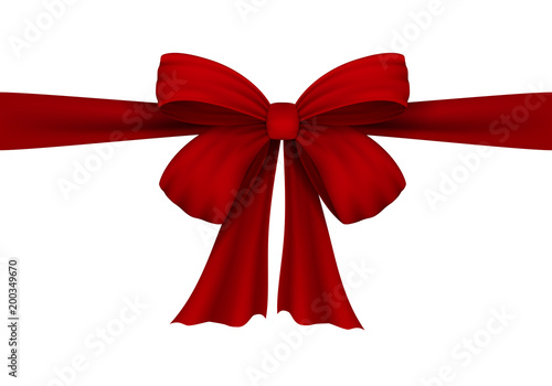 Vector realistic red bow. Bow of satin ribbon. Velvet bow. Isolated on white. For the design of drawings with gifts, gift wrapping, postcards and other printed products. Vector EPS 10.